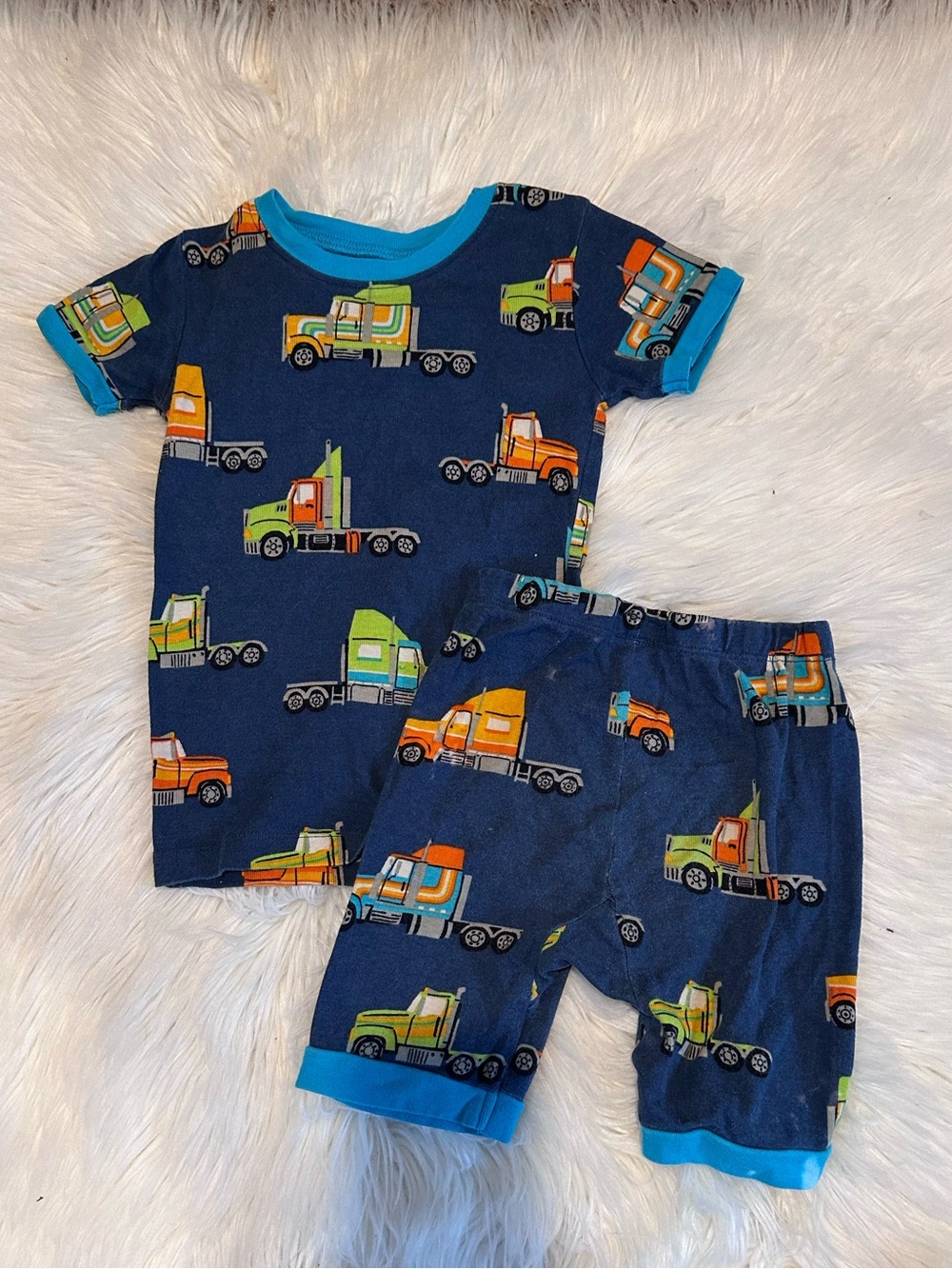 Hatley Navy Kids Pajama Top with Multicolor Truck Print
